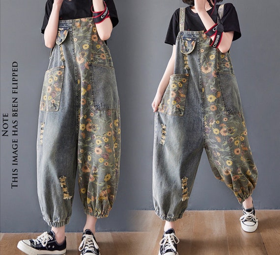 Monos jeans estampados, mono de mezclilla de girasol, mono boho de mujer  con bolsillos grandes, pantalones de mujer holgados de gran tamaño, monos  de ropa de calle -  México