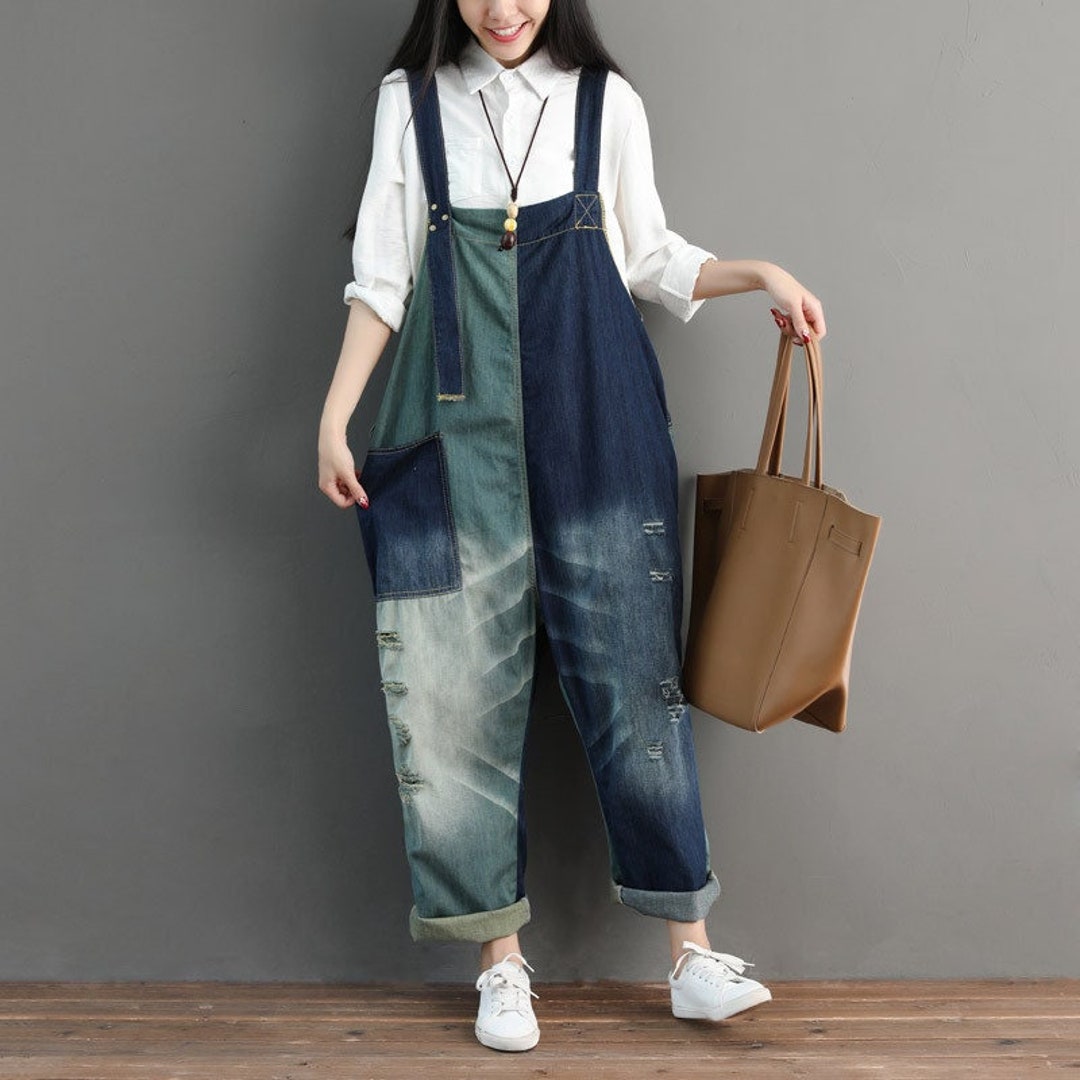 Vintage Patchwork Overalls Women Ripped Jeans Baggy - Etsy