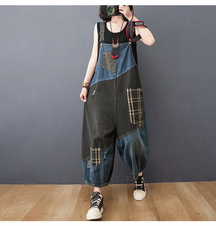 Retro Patchwork Jean Overalls Women Oversized Baggy Ladies - Etsy