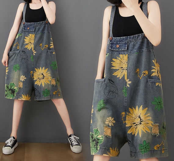 Women Casual Loose Sunflower Print Jeans Denim Trousers Denim Long Pants