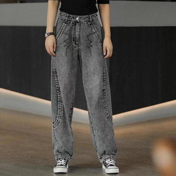 Y2K Grey Jeans, Wide Leg Pants, High Waist Straight Pants, Women