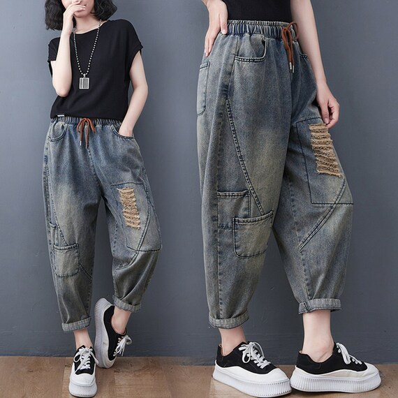 Ripped jeans sales with elastic waist