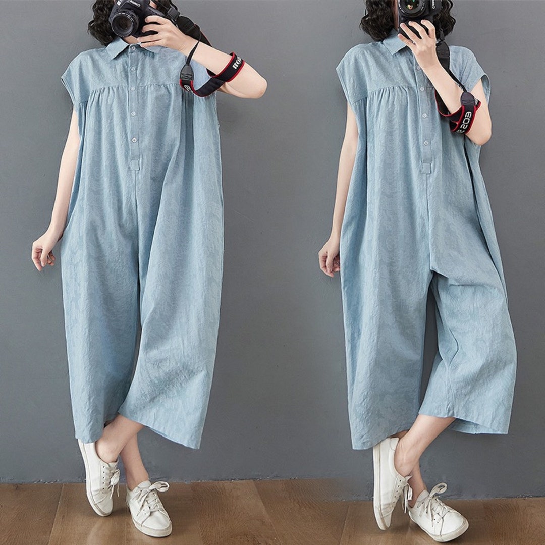 Light Blue Linen Overalls, Nine Points Jumpsuit, Summer Casual Overalls
