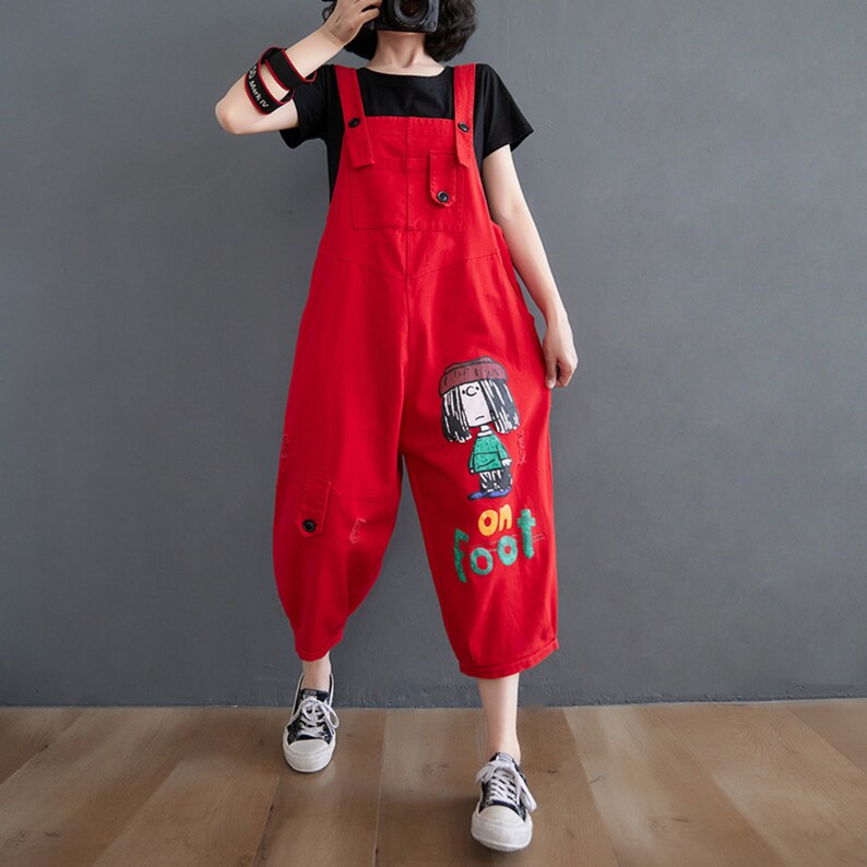 Prints Denim Overalls Cotton Jumpsuits Loose Casual Etsy