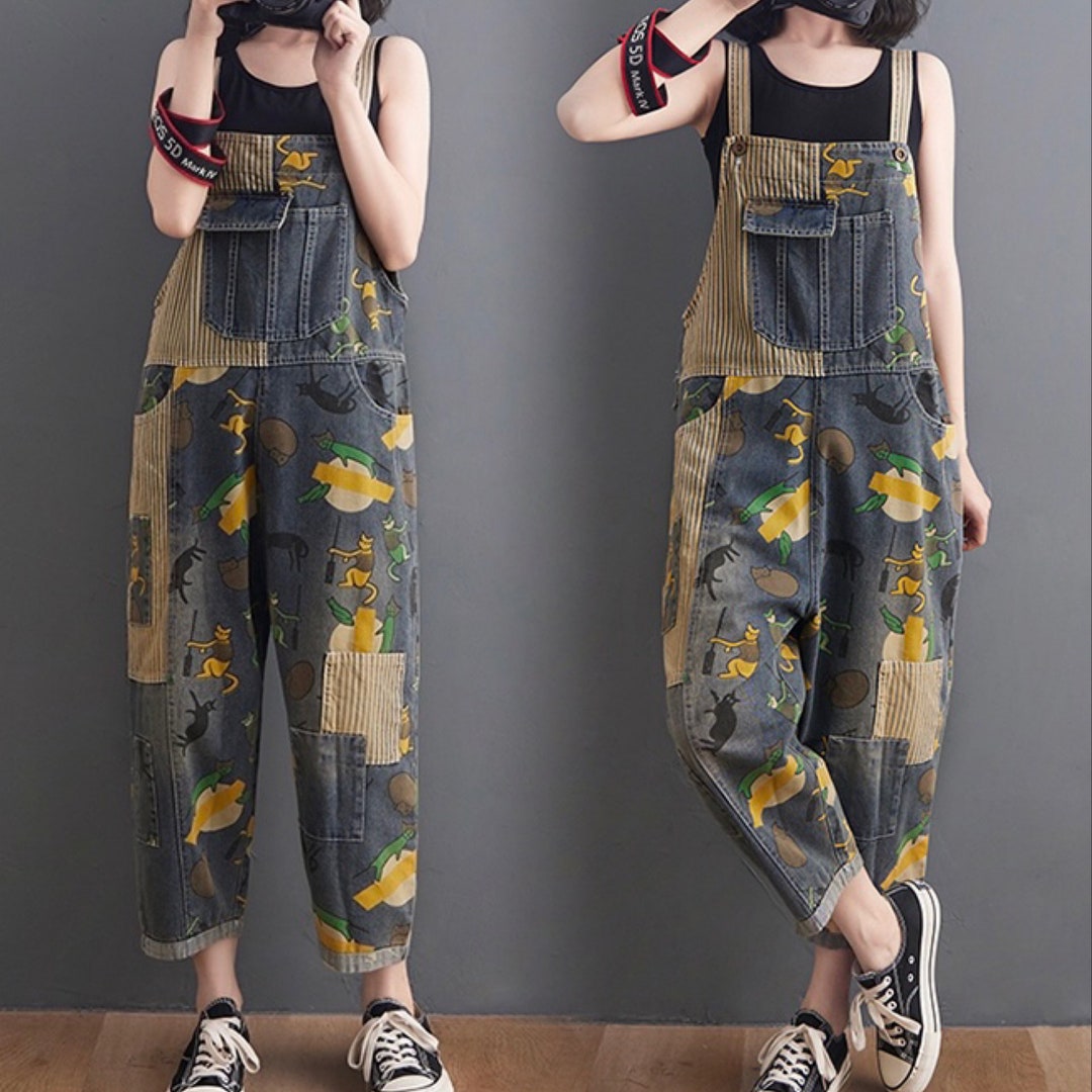 Cartoon Print Jeans Overalls, Cute Cat Jumpsuits Women, Oversized Baggy