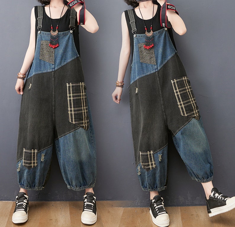 Retro Patchwork Jean Overalls Women Oversized Baggy Ladies - Etsy