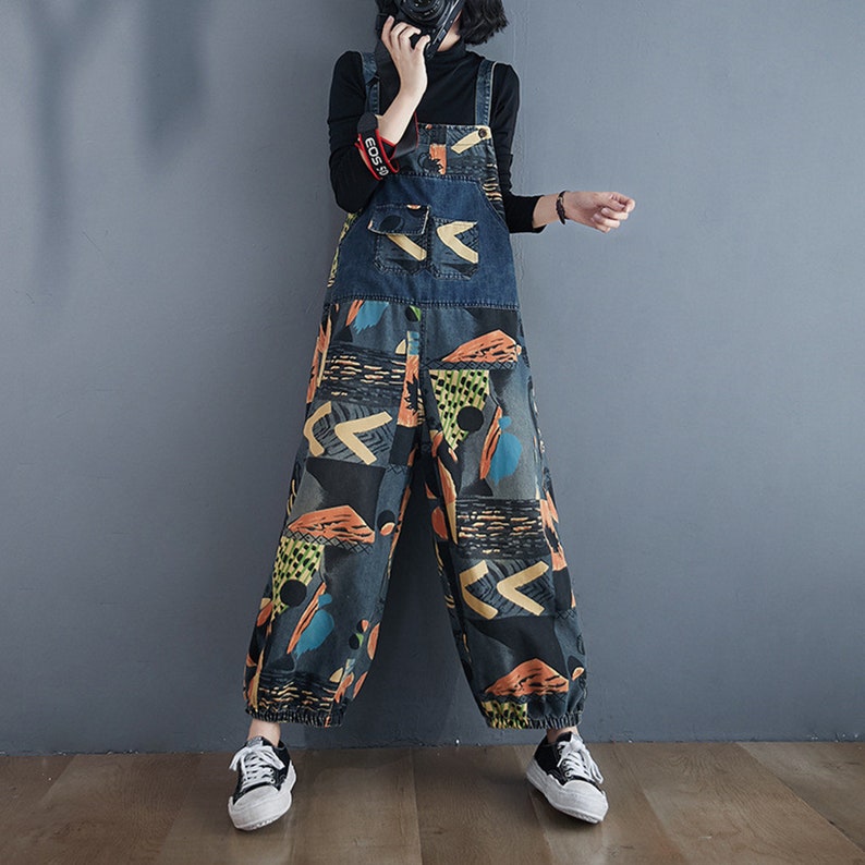 Loose Denim Overalls Floral Print Jumpsuits Oversized Baggy | Etsy