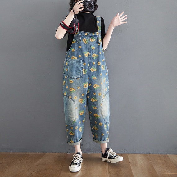 Women Denim Overalls Sunflower Print Jumpsuits Loose Wide Leg
