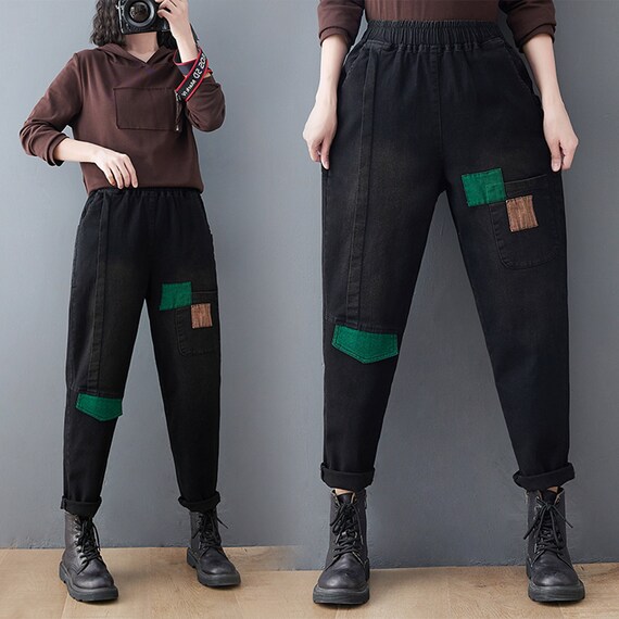 Black Patchwork Jeans, Women Elastic Waist Pants, Loose Harem Pants, Denim  Trousers, Casual Jeans, Cotton Pants, Oversized Wide Leg Pants 