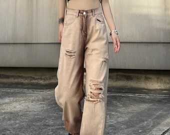 Buy Vintage Brown Gradient Jeans, Wide Leg Straight Pants, Women