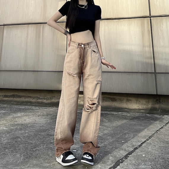 Buy Vintage Brown Gradient Jeans, Wide Leg Straight Pants, Women