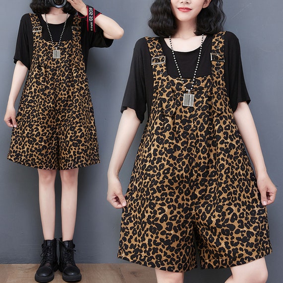 Leopard Print Overall Shorts Oversized Baggy Jeans Pants Loose