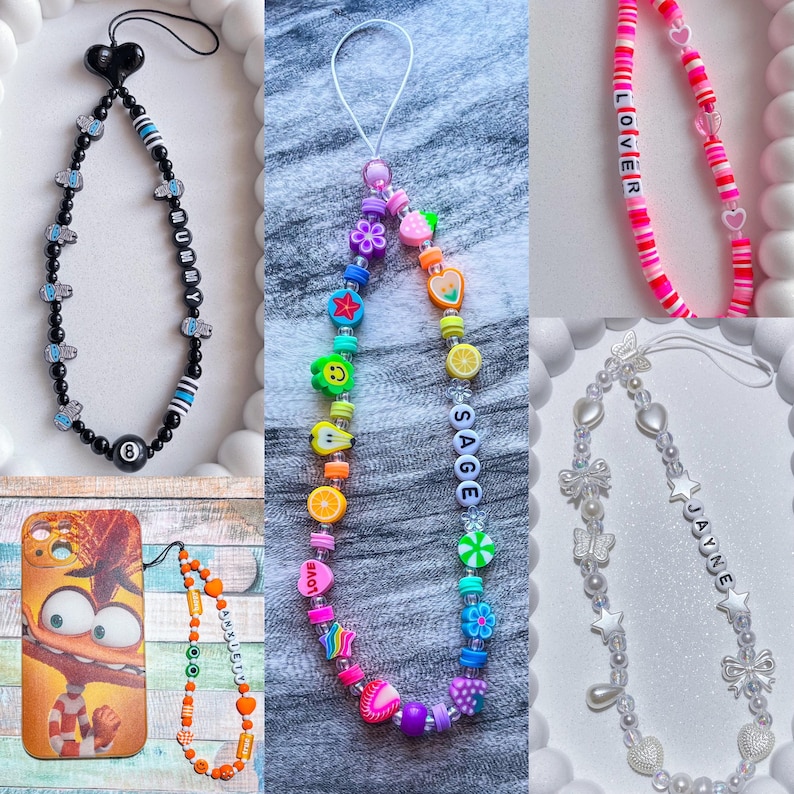 Personalised beaded phone charm mobile strap any name or text any colour image 5