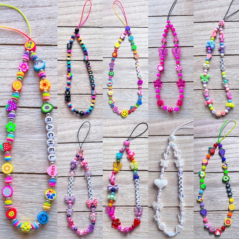 Personalised beaded phone charm mobile strap any name or text any colour image 1