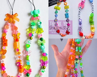 Personalised colourful beaded phone charm Y2K mobile strap any name or text any colour