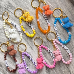 Teddy bear name keyring knitted bear effect keychain for keys bags cute gift - personalised
