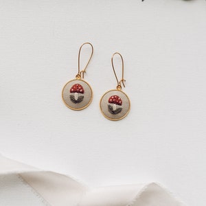 Mushroom Earrings HAND EMBROIDERED 14k Gold Plated Hypoallergentic Earrings image 3