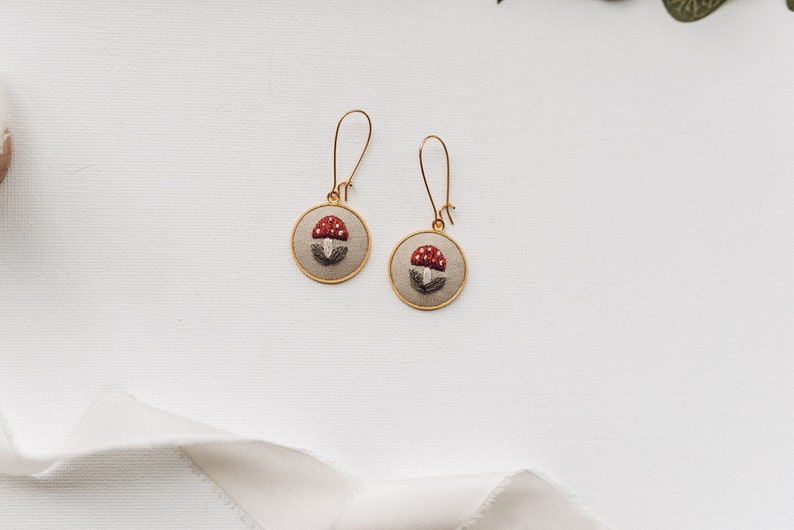 Mushroom Earrings HAND EMBROIDERED 14k Gold Plated Hypoallergentic Earrings image 3