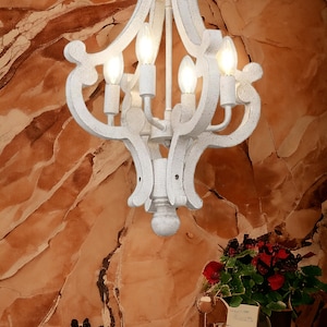 Vintage Chandelier, 4-Light Antique White Wood Pendant Light, Vintage French Country Rustic Chandelier, Farmhouse Light Fixtures for Bedroom