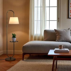 Vintage Modern Table Shelf LED Floor Lamp Standing Brass Antique Finish Gold 5ft Height with Shelf Diameter 10 Inches Off White Lampshade