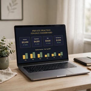 May include: A laptop screen displaying a Private Practice Finance Dashboard with gold text on a dark background. The interface shows financial metrics including Income, Expenses, Net, and Tax Reserve, alongside a bar chart for March through August 2024.