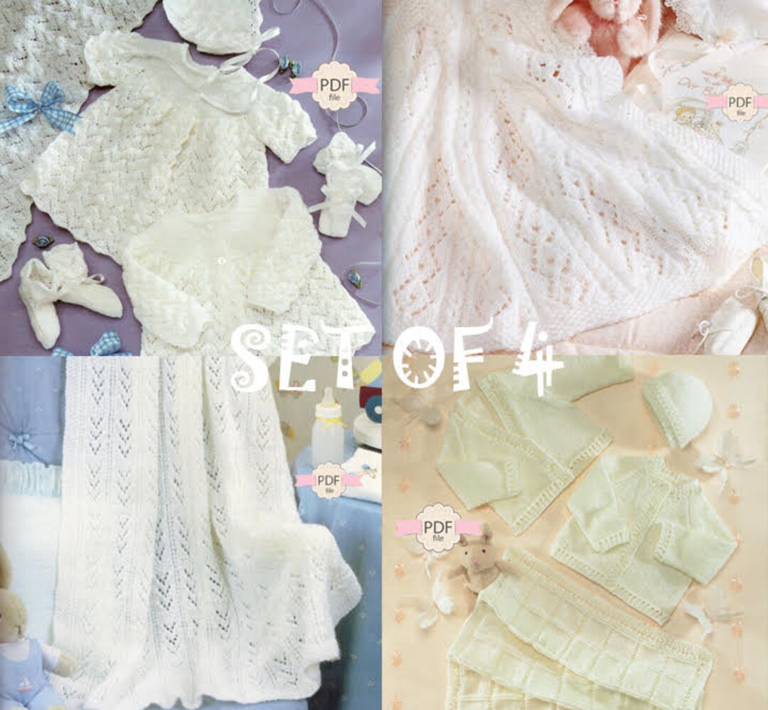 4 in 1 Christening Baby Knitting Pattern, Sets White Lace Blanket