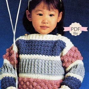 Vintage Girls Sweater Crochet Pattern  Instant Download, Striped Toddler Clothing PDF, Child's Winter Pullover , Girls Birthday Gift