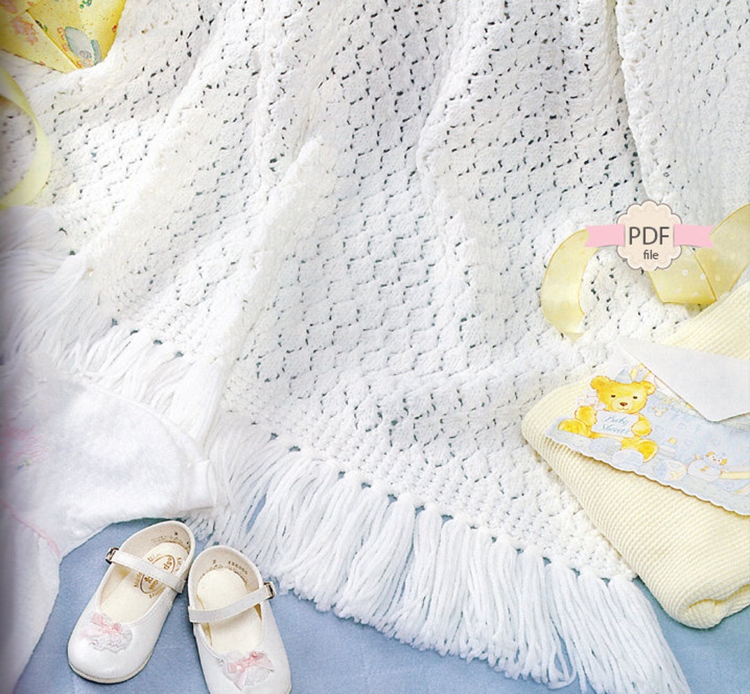Christening Blanket Knitting Pattern White Fringe Blanket Etsy