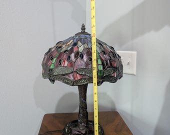 Large Dragonfly Stained Glass Vintage Lamp with Mosaic Base and Trunk