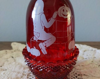 Fenton Ruby Glass Fairy Lamp with Pumpkin ~ UV Glow