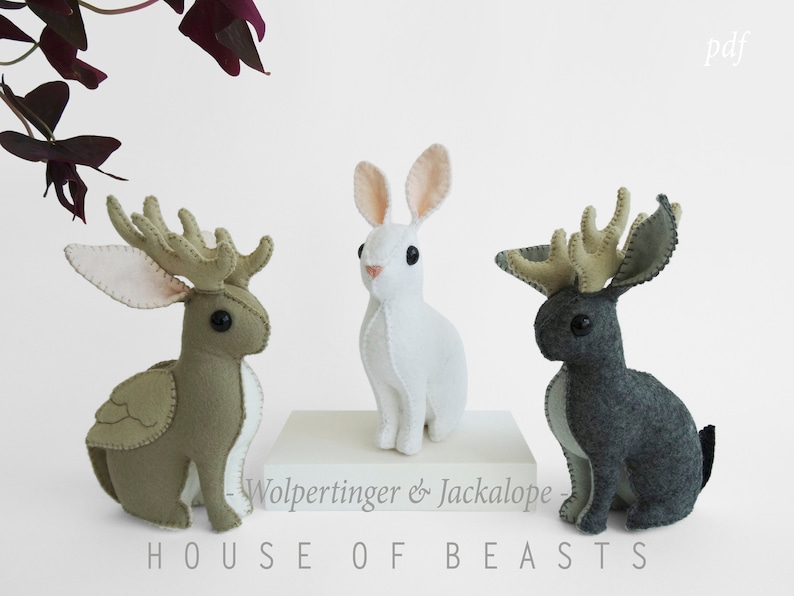 Wolpertinger / Jackalope / Hare / Rabbit. DIY stuffed felt animal. Sewing pattern and guide. image 1