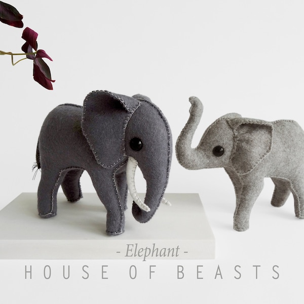 Elephant. DIY stuffed felt animal. Sewing pattern and guide.