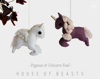 Pegasus & Unicorn Foals. DIY stuffed felt animal. Sewing pattern and guide.
