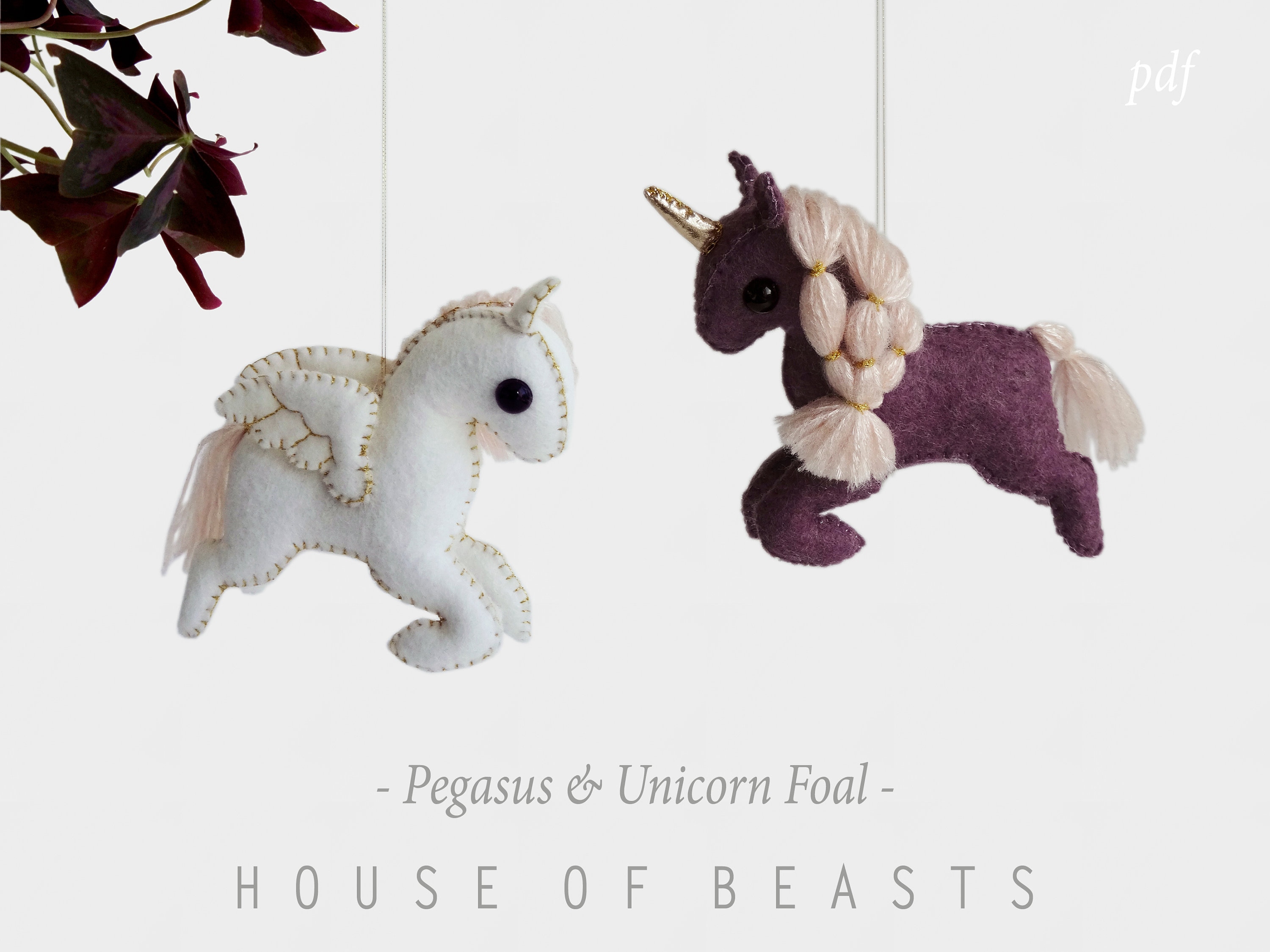ペガサスとユニコーンの子馬。フェルトで作るDIYのぬいぐるみ。裁縫
