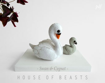 Swan & Cygnet. DIY stuffed felt animal pattern and guide.