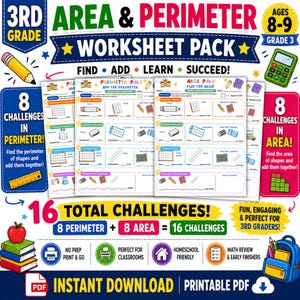 May include: A 3rd grade area and perimeter worksheet pack featuring 16 maths challenges. The printable PDF includes two main worksheets titled Perimeter Pals and Area Pals with illustrations of school supplies like pencils, calculators, and rulers.