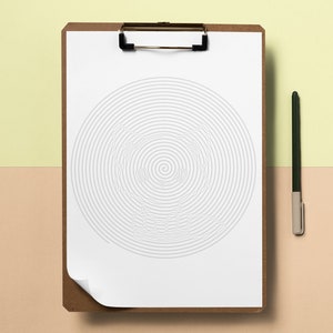 May include: A brown clipboard holds a white sheet of paper with a gray spiral design. A black pen with a beige cap rests on the right side. The background is divided into two sections, with a light yellow top and a beige bottom.