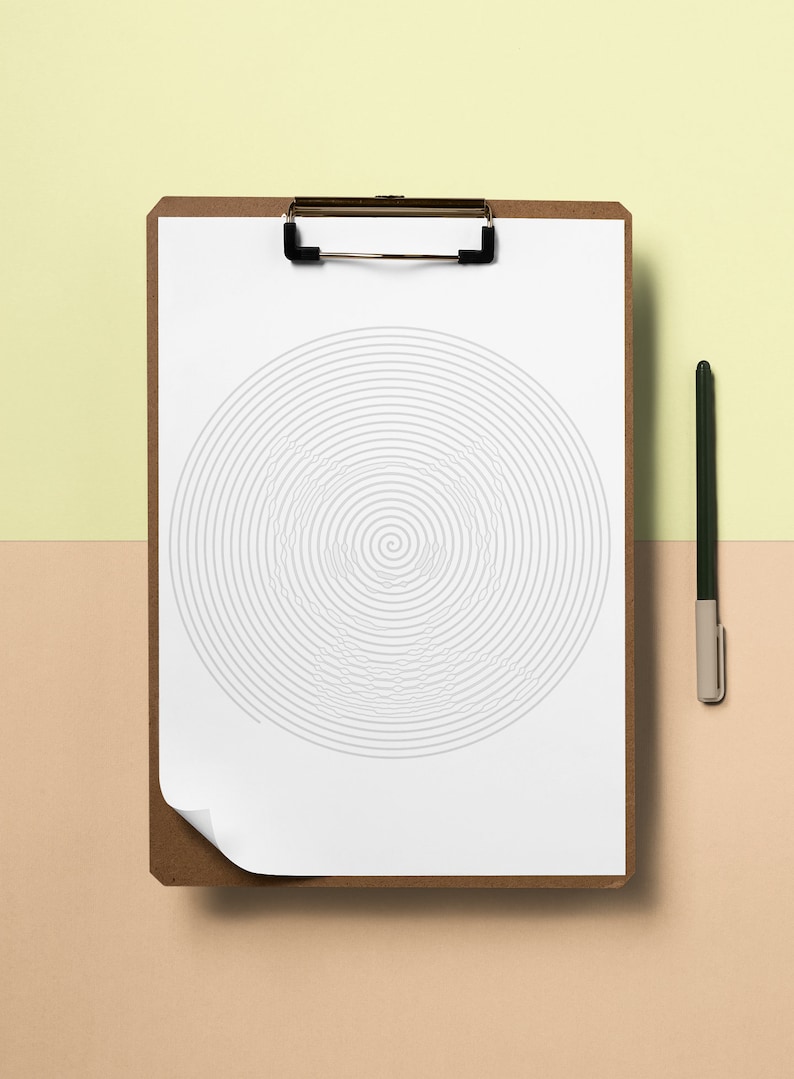 May include: A brown clipboard holds a white sheet of paper with a gray spiral design. A black pen with a beige cap rests on the right side. The background is divided into two sections, with a light yellow top and a beige bottom.