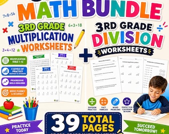 3rd Grade Math Worksheets Bundle | Multiplication & Division Practice (39 Pages)