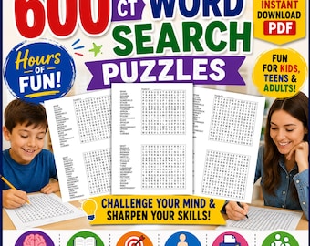 600 Engaging Word Search Puzzle PDFs | Printable Brain Teasers for All Ages | Instant Download