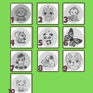 May include: A collection of ten square illustrations featuring various animals and a butterfly, each rendered in a black spiral design on a white background. The illustrations are numbered 1 through 10 and set against a green backdrop.