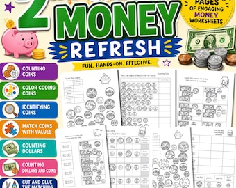2nd Grade Money Worksheets: 50 Page Bundle Counting, Matching Activities