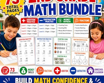 2nd Grade Math Worksheets Bundle | Addition, Subtraction, Money, Fractions (73 Printable Pages)