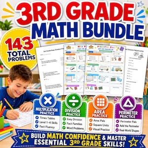 May include: A 3rd Grade Math Bundle educational resource featuring 143 total problems. The set includes worksheets for multiplication, division, area, and perimeter practice, with colourful icons and text labels for each math skill category.
