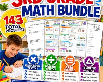 3rd Grade Math Worksheets Bundle | Multiplication, Division, Area, Perimeter (PDF Download)