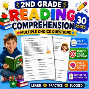 Può includere: Una risorsa educativa di comprensione del testo per la seconda elementare con 30 pagine di domande a scelta multipla. Il design include una pila di libri, una lampadina, una matita e un bambino che tiene un libro verde intitolato Reading.