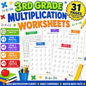 May include: A collection of 3rd grade multiplication worksheets featuring a multiplication table, four levels of practice pages, a blue pencil cup with colored pencils, a red apple on a stack of books, and a yellow ruler on a white background.