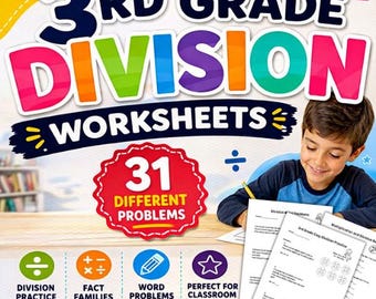 3rd Grade Division Worksheets | Division Practice Printable | Math Word Problems & Fact Families | 8 Pages