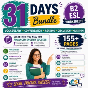 Puede incluir: Un paquete de 31 días de hojas de trabajo B2 ESL que incluye más de 155 páginas de vocabulario, conversación, lectura, discusión y preguntas. El gráfico incluye texto que indica todo lo que necesita para el éxito en inglés avanzado y aprenda, practique, tenga éxito.