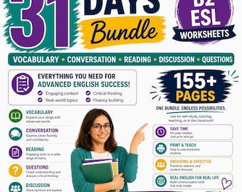 B2 ESL Worksheets Bundle, 31 Days English Lessons, Adult Activities (PDF Download)
